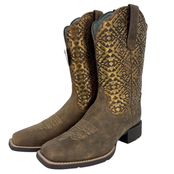 Ariat Women's Round Up Wide Square Toe Leather Brown Western Boots Size 10B NWOB - Picture 7 of 16